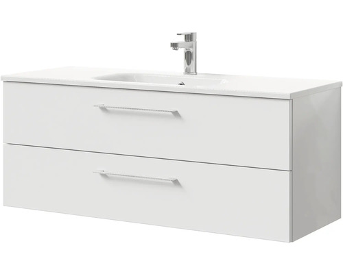 Biela umývadlová skrinka s dvomi zásuvkami, umývadlom na dosku a batériou.