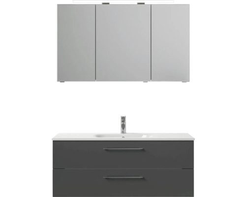 Skrinka pod umývadlo s dvoma zásuvkami a zrkadlová skrinka s tromi dvierkami