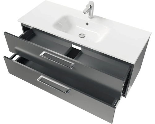 Skrinka pod umývadlo s dvomi otvorenými zásuvkami, umývadlom a batériou