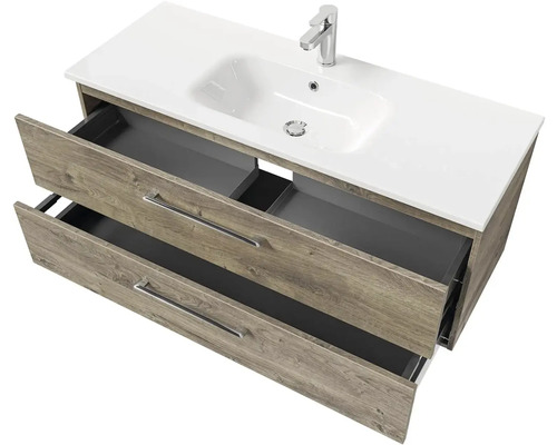 Skrinka pod umývadlo s dvoma otvorenými zásuvkami, umývadlo a batéria