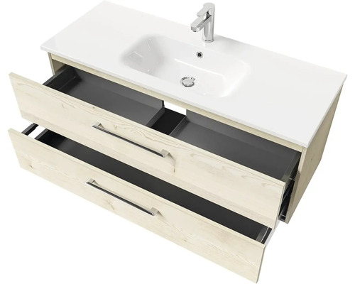 Skrinka pod umývadlo s dvomi zásuvkami, keramickým umývadlom a batériou