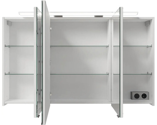 Otvorená zrkadlová skrinka so sklenenými policami a zásuvkami