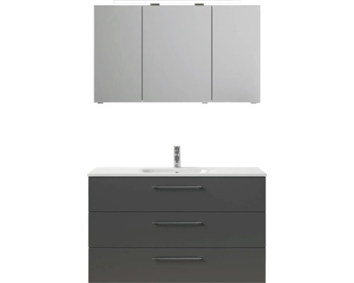 Skrinka pod umývadlo s tromi zásuvkami, umývadlo a zrkadlová skrinka s tromi dvierkami