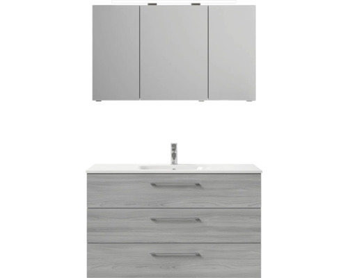 Kúpeľňová zostava s umývadlovou skrinkou s tromi zásuvkami a zrkadlovou skrinkou s tromi dvierkami