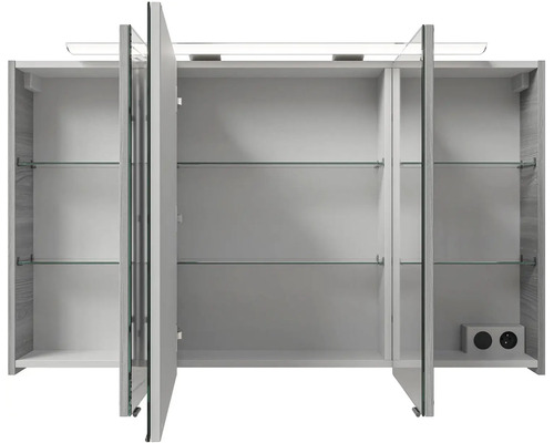 Otvorená zrkadlová skrinka so sklenenými policami a zásuvkou