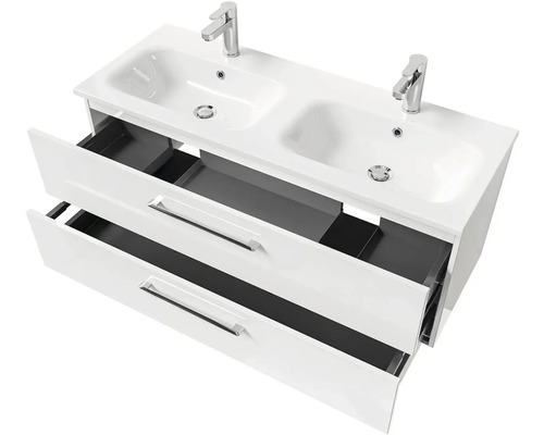 Skrinka pod umývadlo s dvomi umývadlami a otvorenými zásuvkami