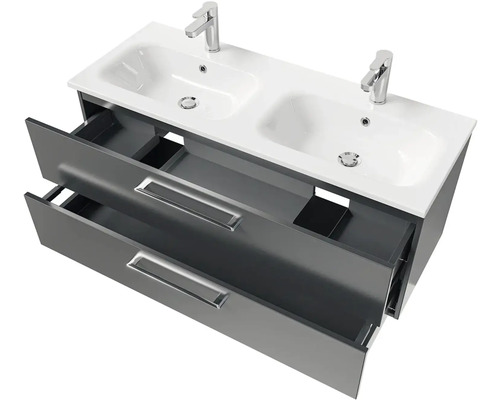 Skrinka pod umývadlo s dvomi umývadlami a dvomi zásuvkami