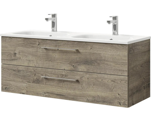 Skrinka pod umývadlo s dvoma umývadlami, dvoma zásuvkami a vzhľadom dreva