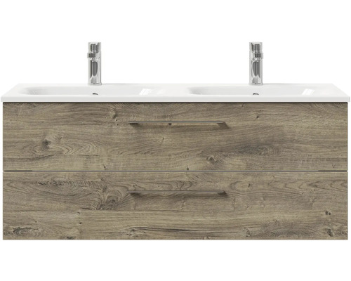 Skrinka pod umývadlo s dvomi umývadlami a dreveným dekorom