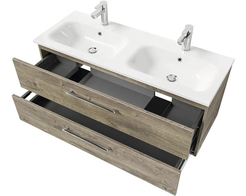 Skrinka pod umývadlo s dvoma umývadlami, dvoma zásuvkami a batériami.