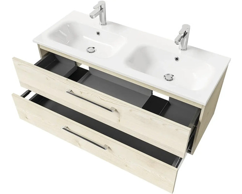 Skrinka pod umývadlo s dvomi umývadlami, batériami a dvomi zásuvkami