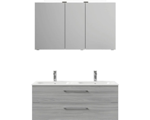 Súprava kúpeľňového nábytku so zrkadlovou skrinkou, skrinkou pod umývadlo, umývadlovou doskou a dvoma vodovodnými batériami