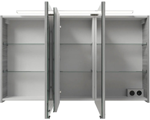 Otvorená zrkadlová skrinka do kúpeľne so sklenenými policami a osvetlením