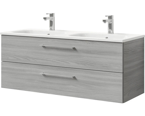 Skrinka pod umývadlo s dvoma umývadlami, dvoma zásuvkami a úchytmi