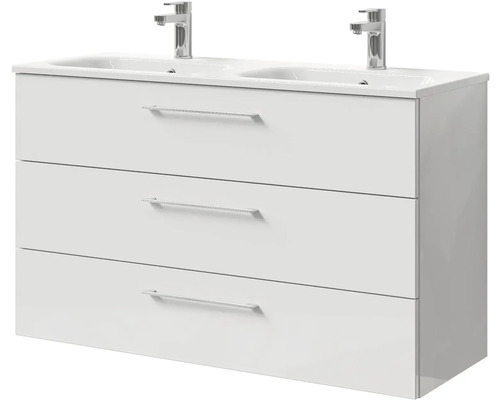 Biela skrinka pod umývadlo s tromi zásuvkami a dvoma umývadlami