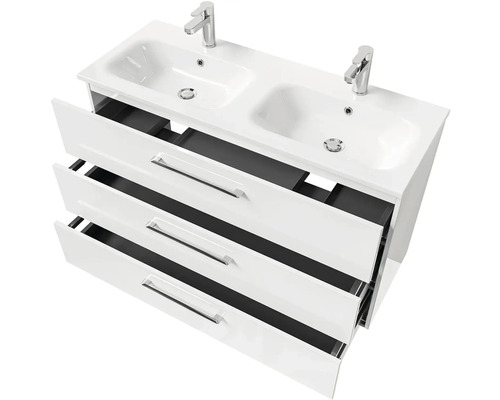 Umývadlová skrinka s dvoma umývadlami a tromi zásuvkami