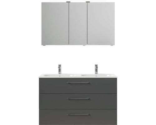 Skrinka pod umývadlo s tromi zásuvkami, dvomi umývadlami a zrkadlovou skrinkou