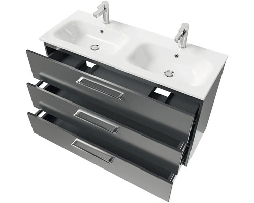 Skrinka pod umývadlo s dvoma umývadlami a tromi zásuvkami