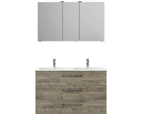 Súprava kúpeľňového nábytku so zrkadlovou skriňou, umývadlom a spodnou skrinkou