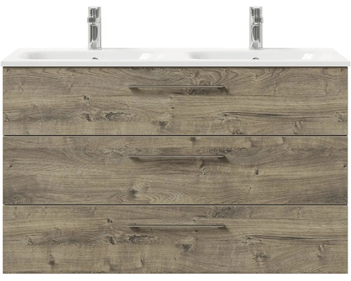 Skrinka pod umývadlo s tromi zásuvkami, vzhľad dreva a umývadlo na dosku