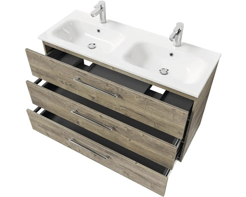 Skrinka pod umývadlo s dvoma umývadlami a tromi zásuvkami