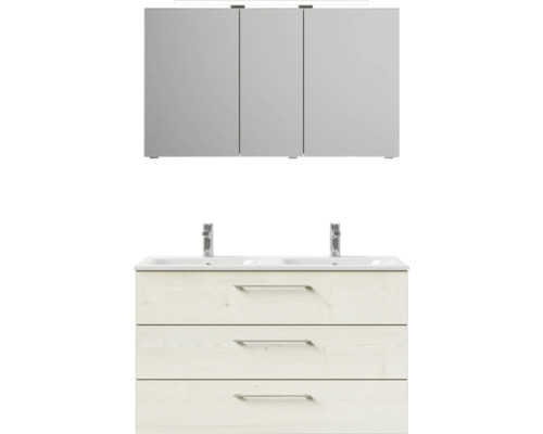 Súprava kúpeľňového nábytku s umývadlovou skrinkou, dvojitým umývadlom a zrkadlovou skrinkou