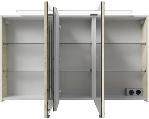 Otvorená zrkadlová skrinka so sklenenými policami a zásuvkami