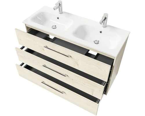 Skrinka pod umývadlo s dvoma umývadlami a tromi zásuvkami