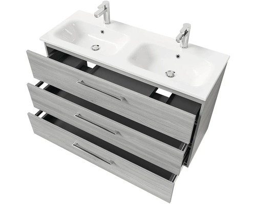 Skrinka pod umývadlo s dvoma umývadlami a tromi zásuvkami