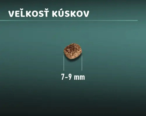 Veľkosť kúsku suchého krmiva s uvedením 7 až 9 milimetrov.