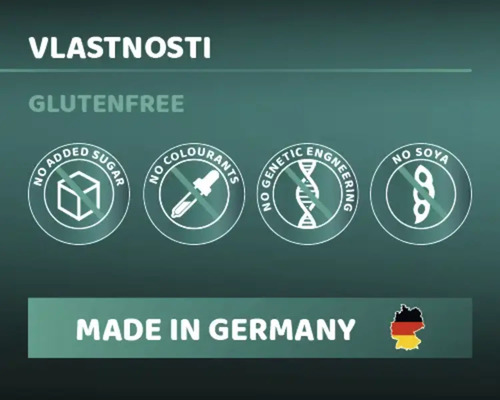 Vlastnosti produktu: bez lepku, bez pridaného cukru, bez farbív, bez genetickej modifikácie, bez sóje, vyrobené v Nemecku