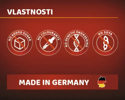 Vlastnosti produktu: Bez pridaného cukru, bez farbív, bez genetického inžinierstva, bez sóje, vyrobené v Nemecku
