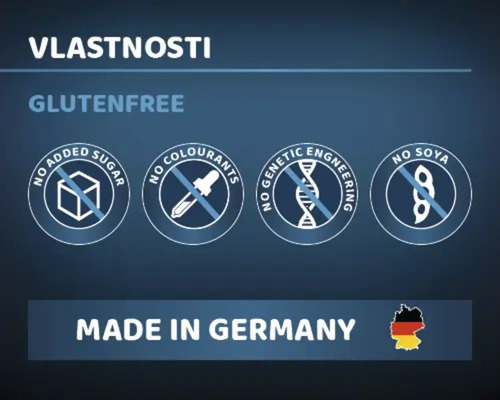 Vlastnosti produktu: bezgluténový, bez pridaného cukru, bez farbív, bez genetickej modifikácie, bez sóje, vyrobené v Nemecku