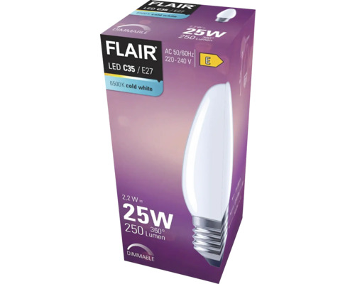 FLAIR LED žiarovka C35/E27, studená biela, stmievateľná