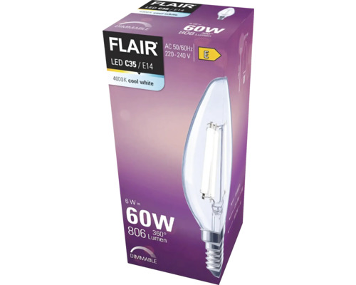 LED žiarovka FLAIR C35 E14, 6 W, 806 lúmenov
