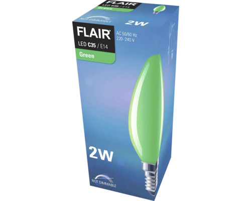 Žiarovka LED Flair C35 E14, zelená, 2 W