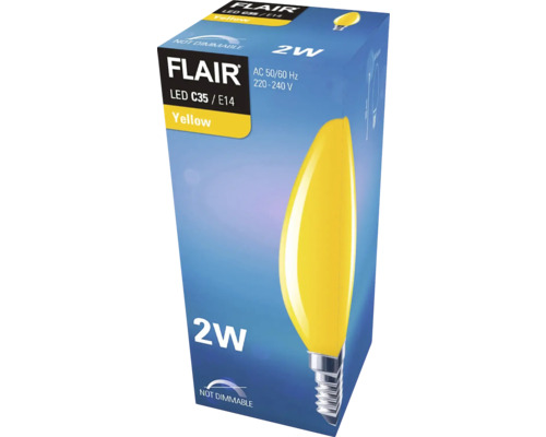 Balenie žltej LED žiarovky Flair C35 E14, 2 W, nestmievateľná