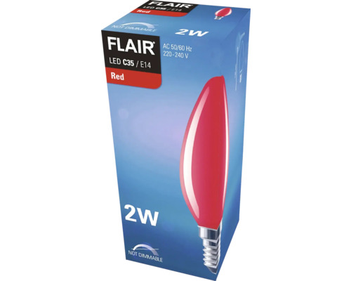 Balenie červenej LED žiarovky Flair C35 E14 s výkonom 2 W