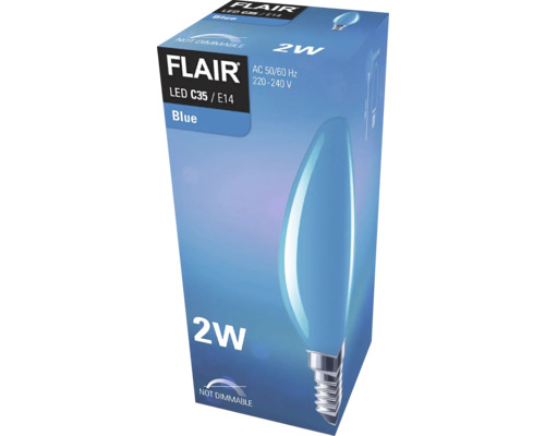Balenie nestmievateľnej modrej žiarovky Flair LED C35 / E14 s výkonom 2 W