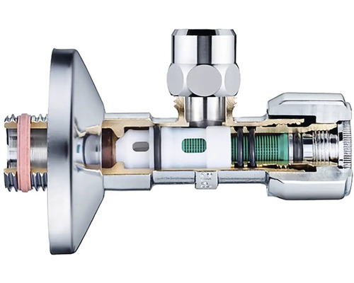 Rohový ventil v reze na znázornenie funkcie