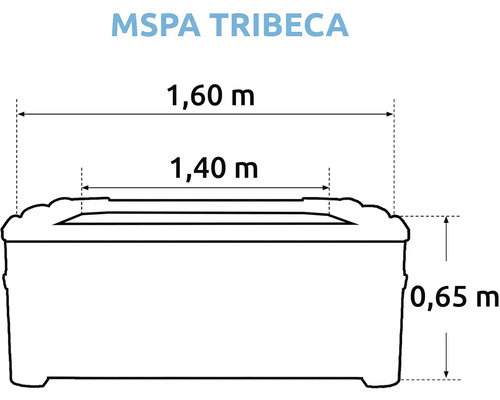 Rozmery vírivky MSPA Tribeca: dĺžka 1,60 metra, šírka 1,40 metra a výška 0,65 metra