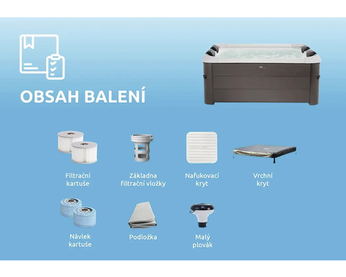 Obsah balenia s vírivkou, filtračnými patrónami, puzdrom filtra, krytom a ďalším príslušenstvom