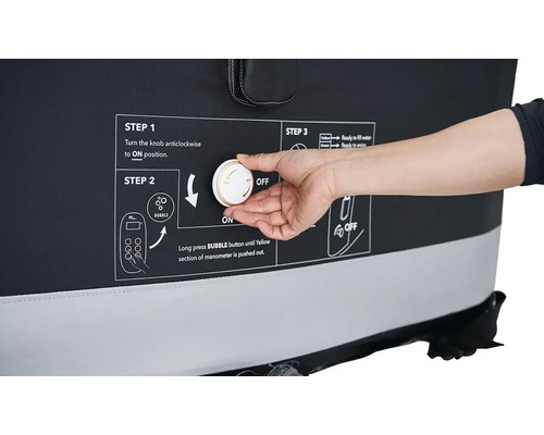 Detailný pohľad na návod na použitie nafukovacej vírivky s rukou otáčajúcou gombík