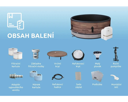 Obsah balenia nafukovacej vírivky s filtračnými patrónmi, krytom, čerpadlom a príslušenstvom