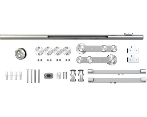 Sada posuvného dverového kovania s vodiacou lištou, valčekmi a upevňovacím materiálom