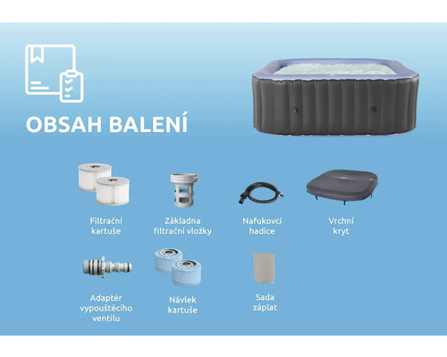 Obsah balenia nafukovacej vírivky s filtračnými patrónmi, základňou filtračných patrón, hadicou, krytom, adaptérom pre vypúšťací ventil a sadou záplat