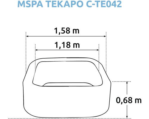 Nákres vírivky MSpa Tekapo C-TE042 s rozmermi 1,58 metra krát 1,18 metra krát 0,68 metra.
