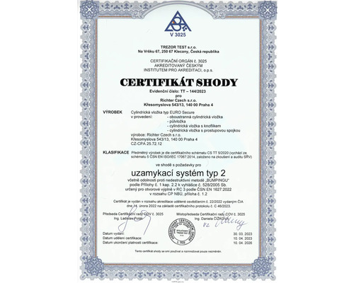 Certifikát zhody pre cylindrickú vložku typu EURO Secure