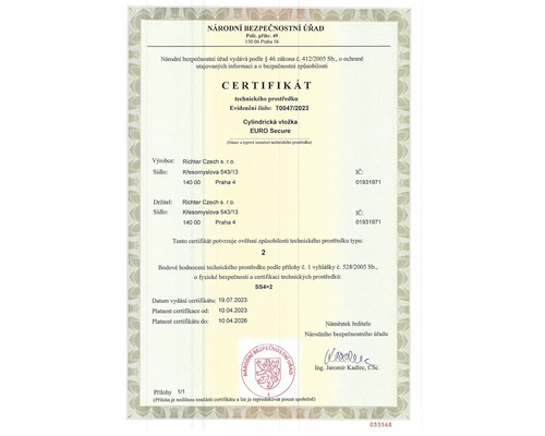 Certifikát pre cylindrickú vložku EURO Secure