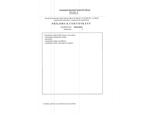 Príloha k certifikátu s informáciami o cylindrickej vložke EURO Secure
